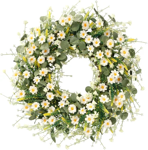 Vista 11 de Sggvecsy Corona de margaritas azules de 24 pulgadas para primavera y verano, corona floral de seda falsa con hojas de eucalipto verdes y lavanda