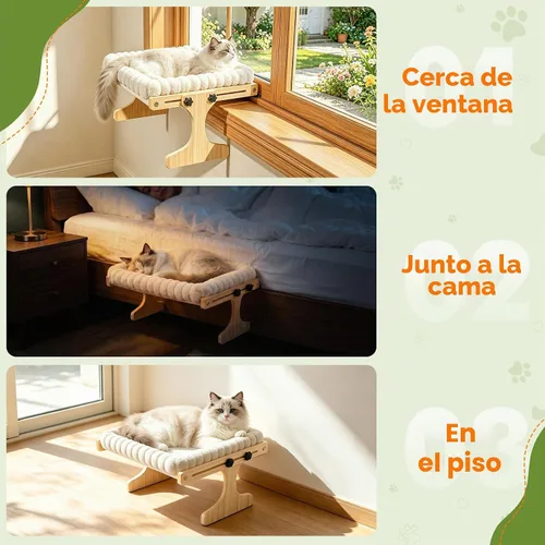 Vista 4 de XiaZ Percha para gatos con ventana, hamaca para interiores, para ventana, marco de madera ajustable, para observación de aves, tomar el sol, ahorrar