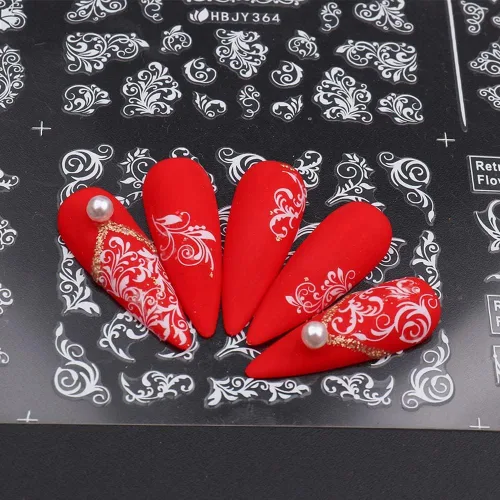 Vista 5 de Calcomanías de Arte de Uñas de Flores, Calcomanías de Uñas de Flores Blancas Suministros de Arte de Uñas 3D Encaje Retro Hoja de Flor Enredadera