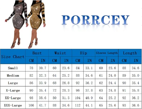 Vista 6 de PORRCEY - Vestido de noche sexy con manga larga y diamantes de imitación para mujer, fiestas y discotecas