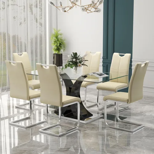 Vista 18 de Juego de comedor moderno de vidrio de lujo de 5 piezas, juego de cena rectangular minimalista grande para 4, juego de mesa de cocina de vidrio