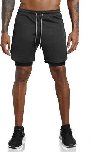 Vista 2 de Leidowei - Pantalones cortos 2en1, ligeros, de 7pulgadas y con bolsillos con cremallera para hombre, para entrenamiento, correr, hacer yoga