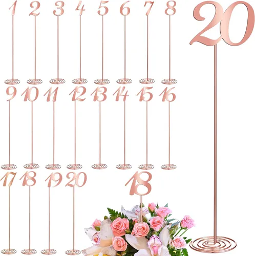 Vista 7 de Therwen 20 piezas Números de mesa de metal 1-20 Números de mesa para recepción de boda Figura de escritorio de acero inoxidable de 30 cm con base
