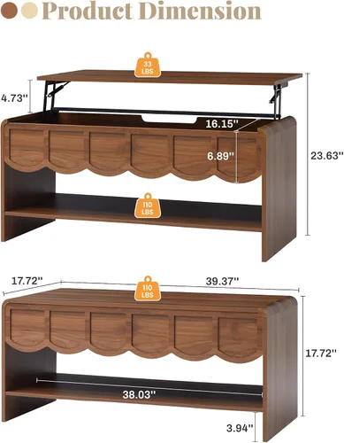 Vista 10 de Mesa de centro elevable con compartimento oculto, mesa central de madera de 2 niveles con panel ondulado, moderna mesa elevadora para el hogar, sala