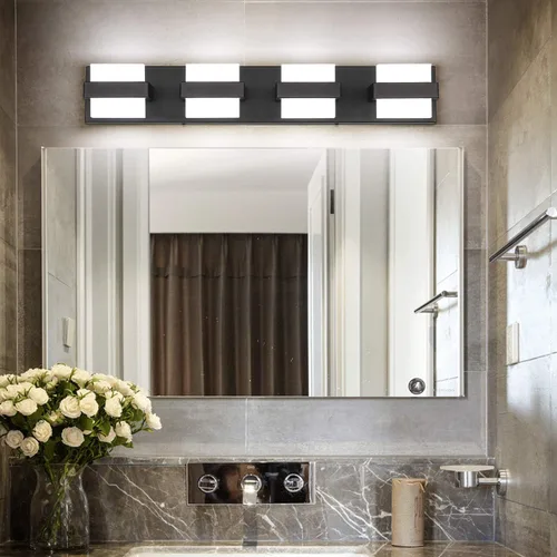 Vista 3 de SOLFART - 4 lámparas de iluminación de tocador modernas de color negro claro para baño, se ponen encima de un espejo contemporáneo, luces de pared