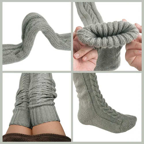Vista 4 de VETHIN Calcetines de punto trenzado para mujer, para botas altas por encima de la rodilla, pierna larga, pierna de tubo para mujer, calentadores