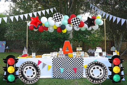 Vista 4 de 9 globos de auto de carreras, globos de 40 pulgadas, globos de semáforo, suministros de decoración de fiesta temática de primer cumpleaños (1st)