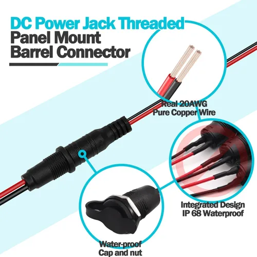 Vista 3 de 6 juegos 5,5 x 2,1 mm DC Power Jack conector hembra roscado de montaje en panel adaptador de conector de barril con tapa de cubierta OLA012