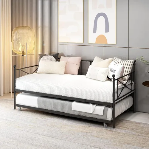 Vista 3 de Sofá cama con base de sofá cama nido con cabecero, soporte de listones de acero premium, base de colchón multifuncional, individual, negro