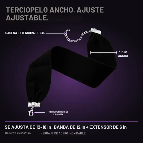 Vista 4 de Gargantilla negra para mujer, cuello de cinta gruesa de terciopelo ancho de los años 90 Negro