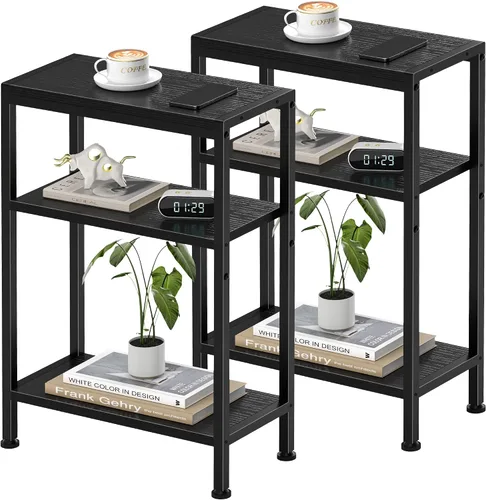 Vista 18 de Mesa auxiliar estrecha para espacios pequeños, mesa auxiliar delgada de 2 niveles, mesita de noche delgada, mesa de sofá delgada para aperitivos
