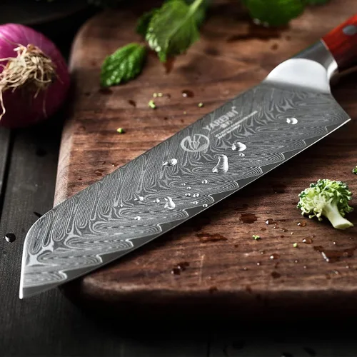 Vista 6 de YARENH Santoku - Cuchillo de chef de acero Damasco de 7 pulgadas, 67 capas, afilado de larga duración, resistente al óxido, cuchillo de cocina