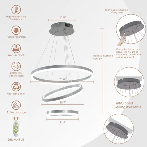 Vista 5 de Lámpara colgante LED plateada, lámpara de araña moderna regulable de 3 anillos con control remoto para comedor de techo alto