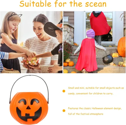 Vista 4 de Cubo de calabaza naranja de 6.7 pulgadas de plástico para dulces con asa para niños truco o trato fiesta de Halloween