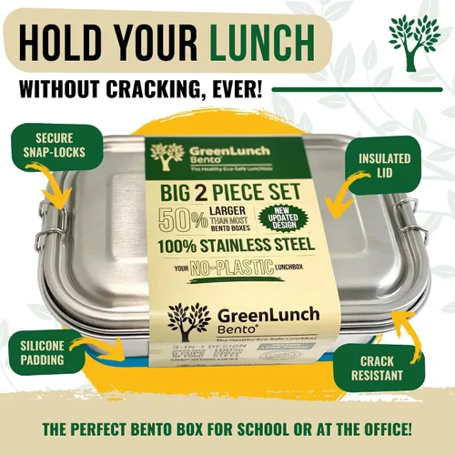 Vista 3 de GreenLunch Bento Caja Bento de Acero Inoxidable, Lonchera Libre de BPA con Compartimentos para Snacks, Contenedores de Lonchera Resistentes a