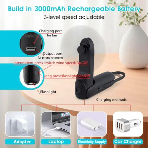 Vista 3 de Digibond Mini ventilador de mano recargable con batería 2000mAh 6in1 forma de bala Ventilador personal portátil 3 velocidades con linterna (negro)