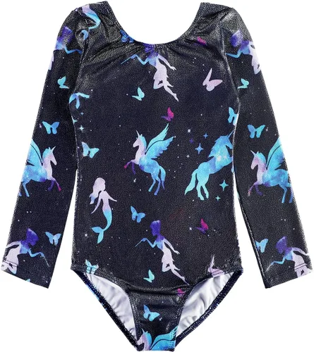 Vista 147 de HOZIY - Leotardos de manga larga para niñas, de gimnasia, para niños pequeños, trajes florales de unicornio, galaxia, arco iris, patrón de rayas