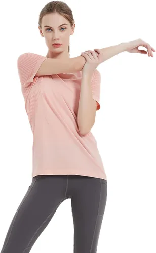 Vista 3 de Hooxum Camisetas básicas para mujer, cuello redondo, manga corta, secado rápido, camisetas de entrenamiento para yoga