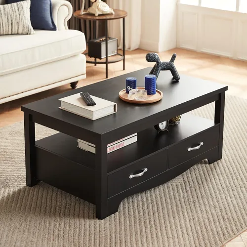 Vista 8 de LINSY HOME Mesa de centro de granja con almacenamiento, mesa de centro de madera para sala de estar, área de exhibición abierta y cajones