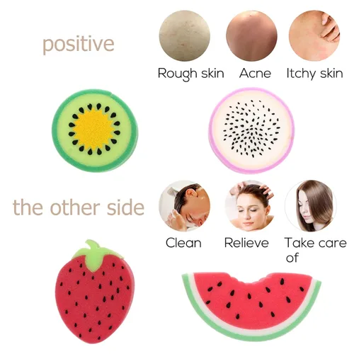Vista 5 de LALAFINA Esponjas de baño de frutas, 4 unidades para niños, lindos fregadores corporales, esponjas de limpieza de ducha para accesorios de baño