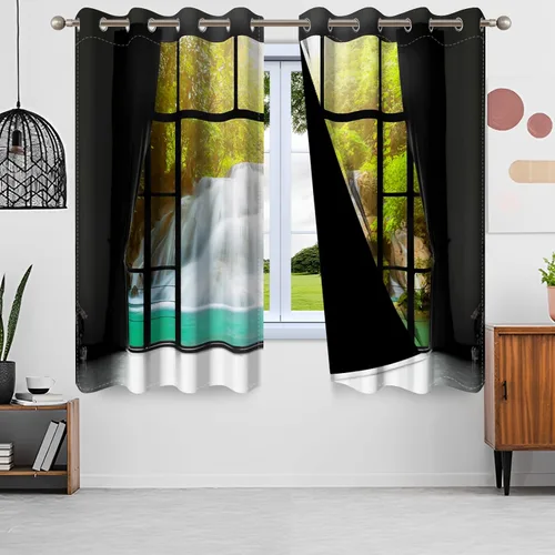 Vista 12 de Cortinas opacas de cascada, impresión 3D, vista de ventana de paisaje natural, cortinas para sala de estar, panel de cortina de río con ojales