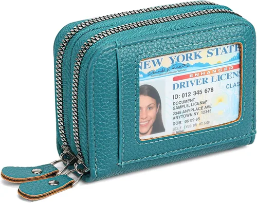 Vista 14 de RNIEGA Cartera pequeña de piel con bloqueo RFID para tarjetas de crédito, cartera pequeña para mujer, doble cremallera con ventana de identificación
