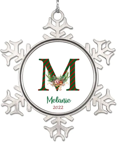 Vista 19 de Monograma inicial letra A copo de nieve, adorno de bayas de pino de Navidad para decoración de árbol de Navidad, adornos de Navidad personalizados