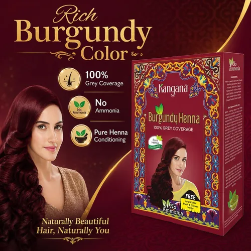 Vista 2 de Kangana Polvo de henna burdeos para una cobertura del 100% de las canas, polvo de henna natural para teñir el cabello, 5 bolsas