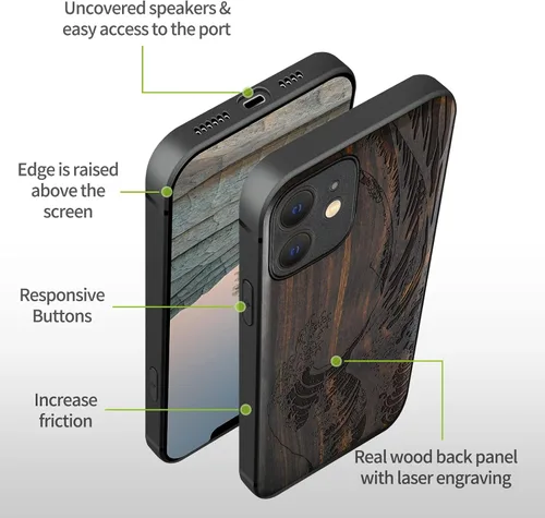 Vista 9 de Carveit Funda magnética de madera para iPhone 12 [madera natural y TPU suave] a prueba de golpes, funda de madera única y elegante compatible