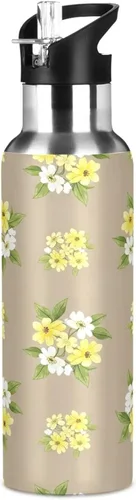 Vista 8 de Stainless Steel Vacuum Insulated Water Bottle 20 Oz, Leakproof Water Bottles for Gym Outdoor Travel School, Yellow White Flowers Beige