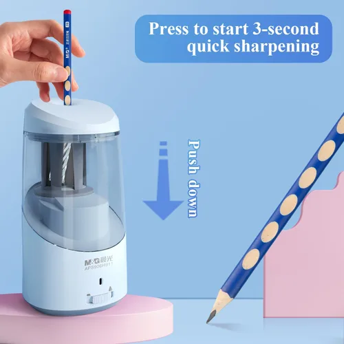 Vista 4 de M&G Sacapuntas eléctrico azul, sacapuntas automático portátil para lápices de colores, parada automática, súper afilado y rápido, funciona con USB
