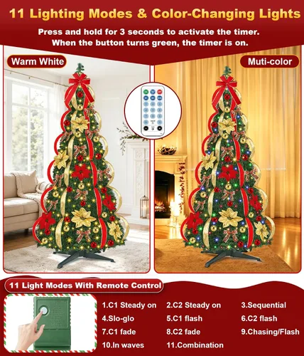 Vista 4 de Árbol de Navidad preiluminado de 7 pies, árbol de Navidad artificial plegable con 250 luces LED blancas cálidas, control remoto, 11 modos