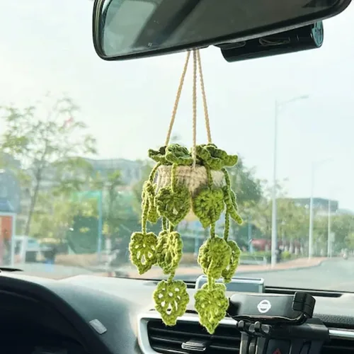 Vista 11 de Planta colgante de ganchillo para automóvil, colgador de espejo de automóvil de punto, cesta colgante de ganchillo para plantas de automóvil, lindos