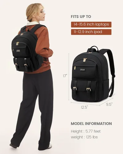 Vista 6 de LOVEVOOK Mochila para laptop para mujeres, mochila tote convertible para laptop, mochila ligera de viaje y trabajo para computadora, Negro, 15,6