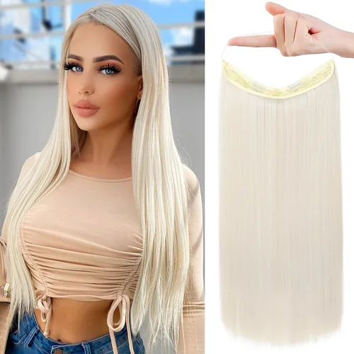Vista 14 de REECHO - Extensiones de cabello con alambre invisible y con cintillo transparente, tamaño ajustable, clips seguros extraíbles, cabello lacio, diseño
