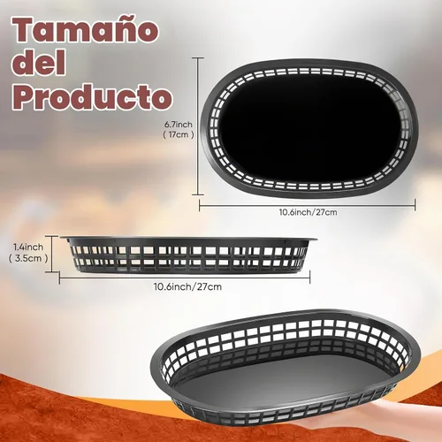 Vista 3 de 80 cestas de comida rápida para restaurantes de 10.5 x 7 pulgadas, bandeja de plástico negro para servir delicatessen, pollo, hamburguesas, pícnics