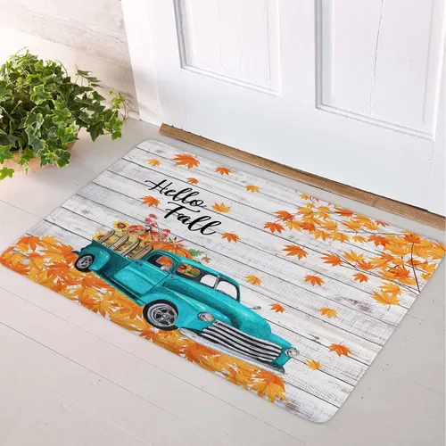 Vista 2 de Alfombra de baño con diseño de girasol amarillo otoñal y calabaza naranja sobre camión azul vintage, tapete de baño con texto en inglés "Hello