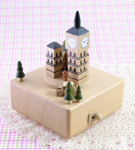 Vista 4 de Bonita caja musical de madera hecha de calidad con el Big Ben de Londres con coche magnético pequeño y móvil Reproduce la canción "Castle in The