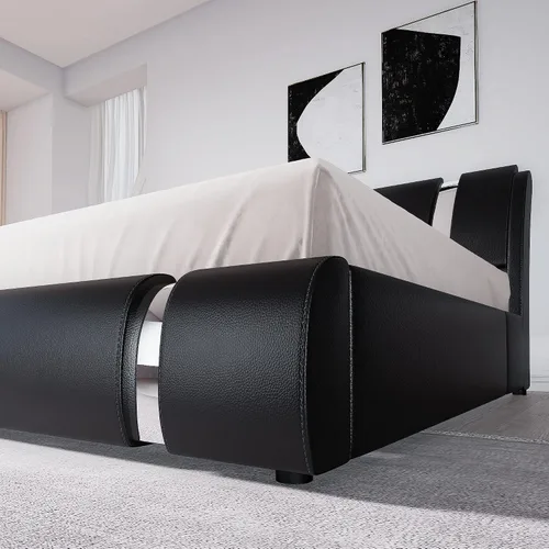 Vista 5 de Allewie Base de cama Queen con plataforma con decoración de piezas de hierro, base tapizada con piel sintética, cabecera ajustable y listones