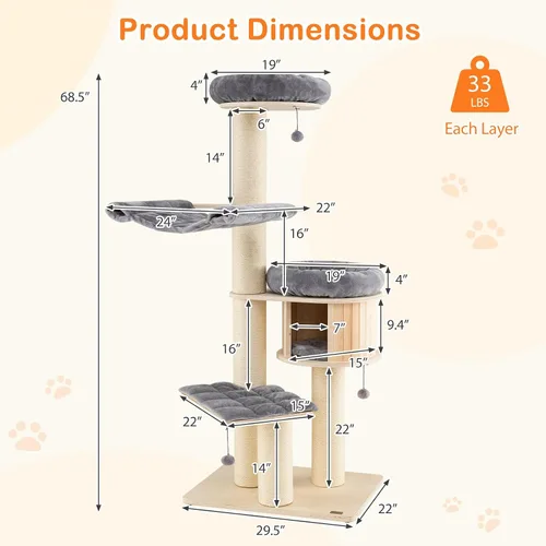 Vista 3 de Tangkula Árbol moderno para gatos, torre grande de varios niveles con condominio, hamacas y cesta colgante, árbol alto para gatos con postes