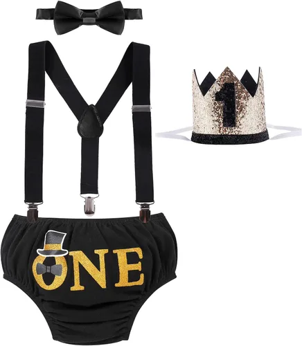 Vista 3 de Conjunto de ropa de bebé niño León Fox Cake Smash Wild One 1er cumpleaños Bloomers cubierta de pañales, tirantes y corbata de moño Negro