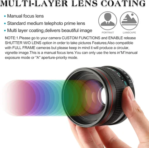 Vista 6 de JINTU 85mm f1,8 Lente de Cámara Manual Fija Prime para Nikon SLR D5600 D3200 D610 D750 D780 D810 D850 D3300 D3500 D5100 D5200 D5300 D7100 D7200 D90