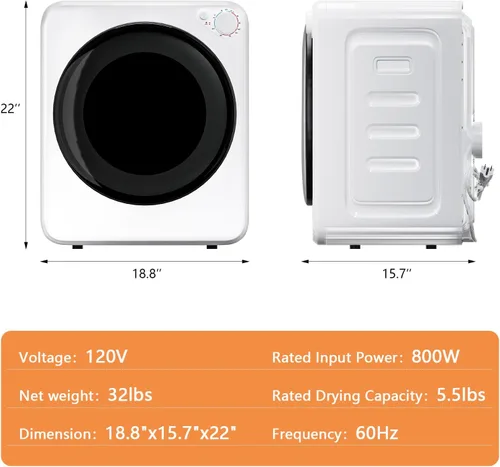 Vista 4 de DOGHLY Secadora de ropa eléctrica portátil de 120 V, secadora de ropa compacta de 800 W, fácil control, 1.6 pies cúbicos de carga frontal de acero