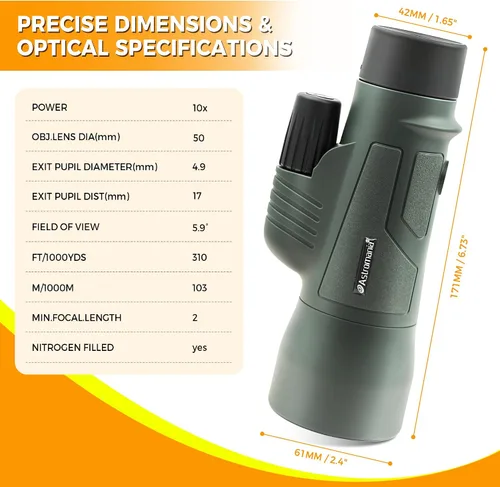 Vista 8 de Astromania Telescopio monocular 10x50 BAK4 monoculares de alta potencia para adultos Compact Portable Waterproof Monocular with Hand Strap