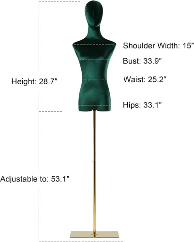 Vista 5 de Torso de maniquí de forma de vestido femenino, altura del cuerpo del maniquí de terciopelo ajustable, con brazo de madera maciza y base de metal