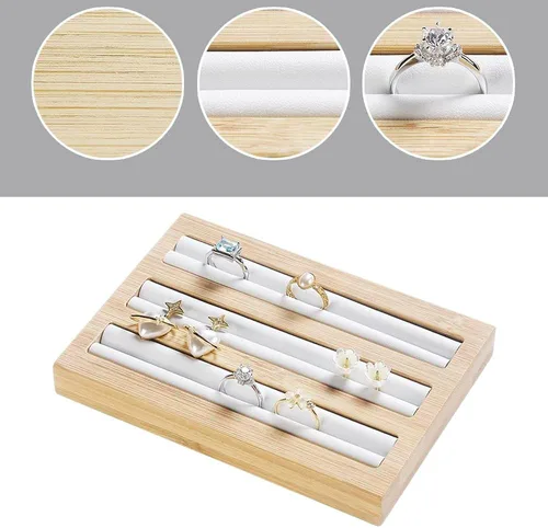 Vista 2 de Soporte de exhibición de anillos de madera de bambú, bandeja organizadora de aretes, regalo ideal para niñas y mujeres, soporte rectangular