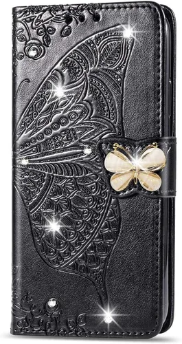 Vista 2 de Compatible con Xiaomi Redmi Note 10 Pro Funda con purpurina con tarjetero y soporte de cuero Flip Wallet Diamond Butterfly Funda protectora a prueba