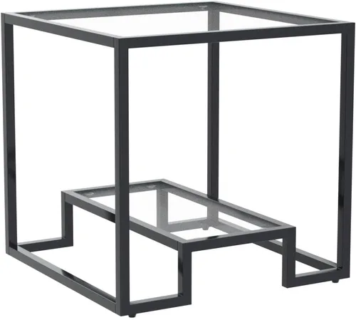 Vista 4 de Mesa de centro de cristal de metal negro, mesa de centro simple para sala de estar, hogar, mesa de centro con marco de metal con 2 estantes, mesa