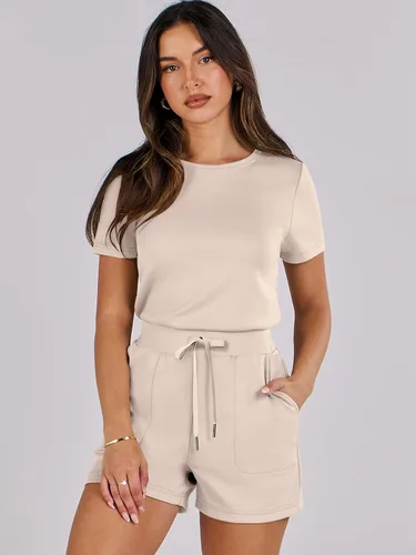 Vista 8 de ANRABESS Enterizo de verano para mujer, cuello redondo, casual, holgado, manga corta, de una pieza, con bolsillos