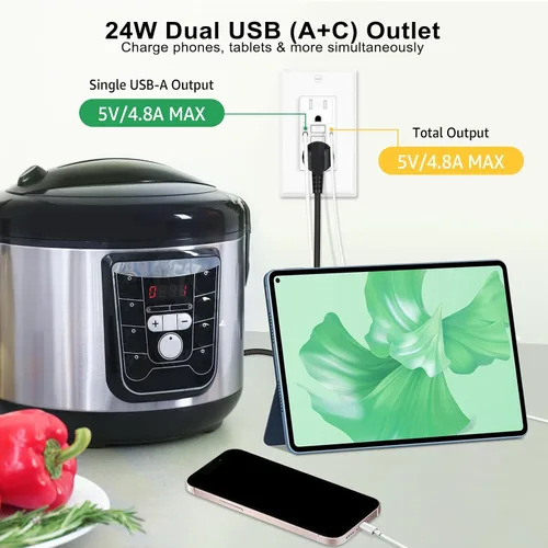 Vista 3 de Greencycle Toma GFCI de 15 amperios con puertos USB C y USB A, 1 unidad de toma eléctrica GFCI de prueba automática con USB, con indicador LED
